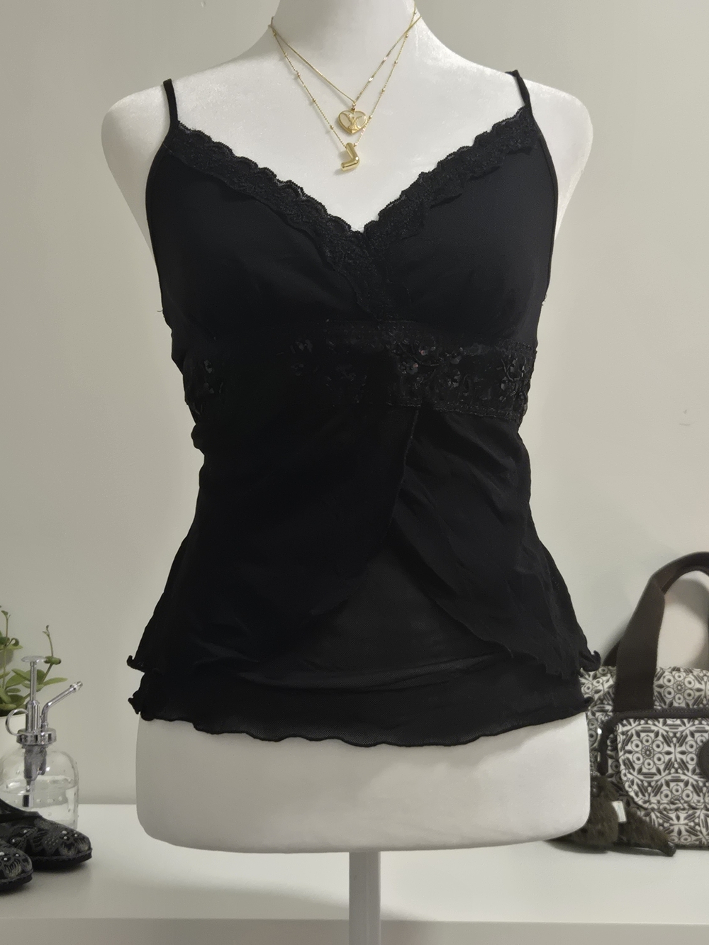 Black Lace Trim Camisole Top - Women
